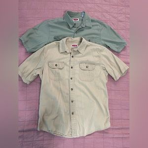 Wrangler - Lot of 2 Short Sleeve Work Shirts Green Tan Medium Button Up